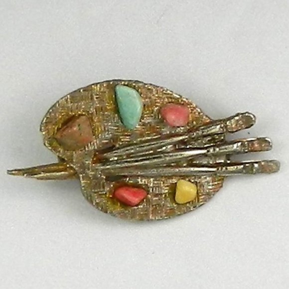Vintage Paint palette brooch, Artist Palette Brooch accents little stones - Picture 3 of 4